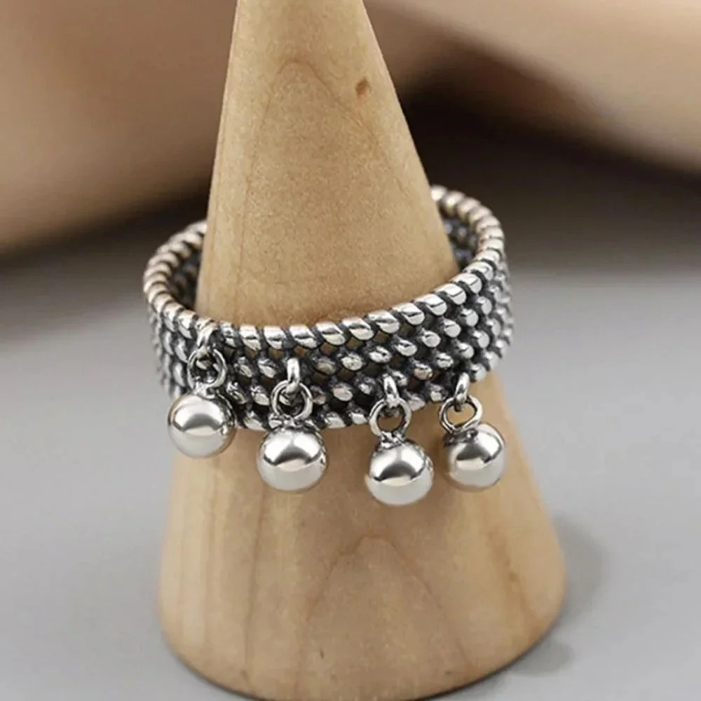 Minimalist 925 Sterling Silver Chunky Dangle Ball Ring Geometric Chain Link Ring